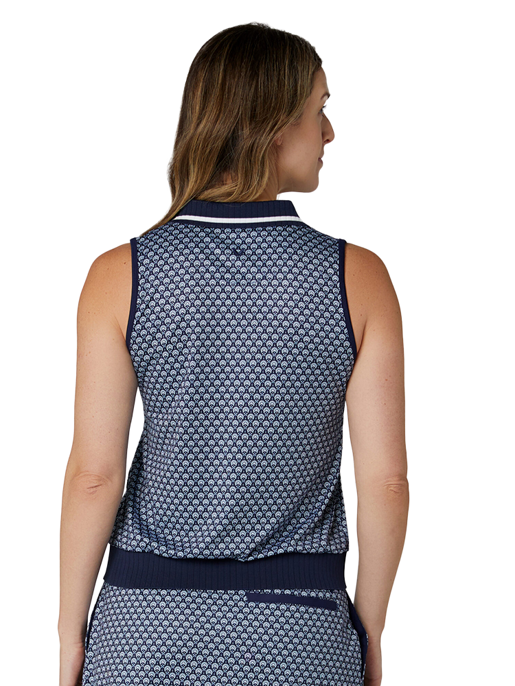 Callaway Women's Scarf Geo Print Rib Collar Sleeveless Polo - Peacoat