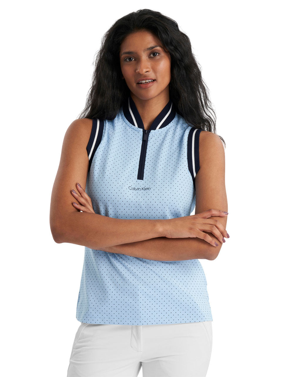 Calvin Klein Womens Camilla Printed Sleeveless Polo - Blue Bell