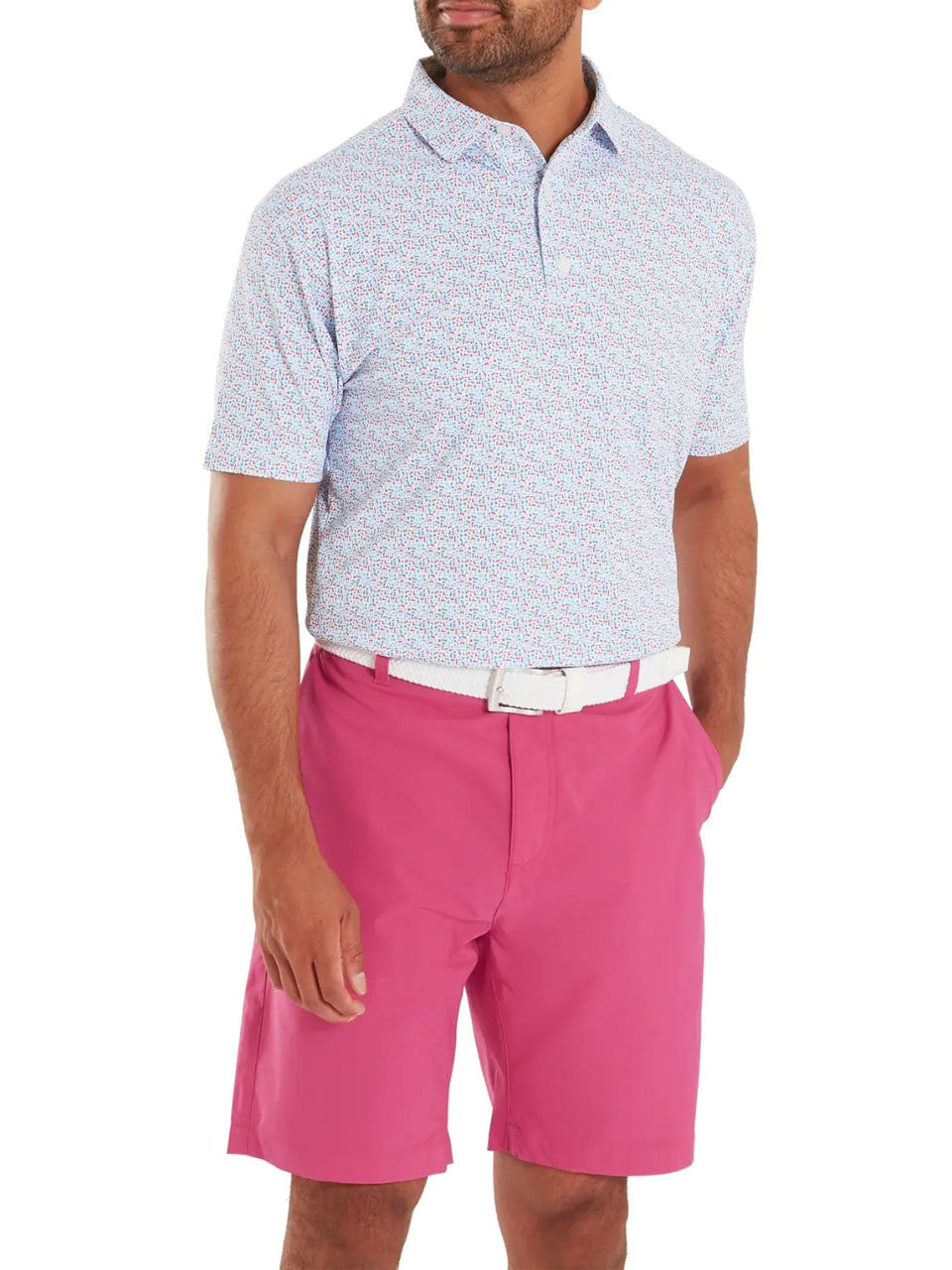FootJoy Gamer Print Pique Polo Shirt (Athletic Fit) - White/Air Blue/Magenta