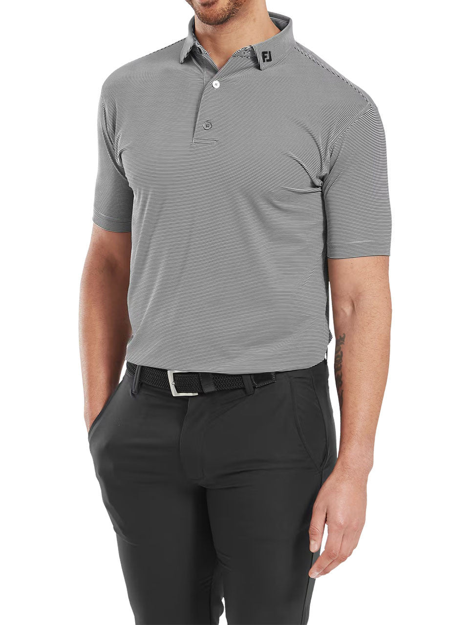 FootJoy Lisle Micro Feeder Stripe Polo Shirt (Athletic Fit) - Black