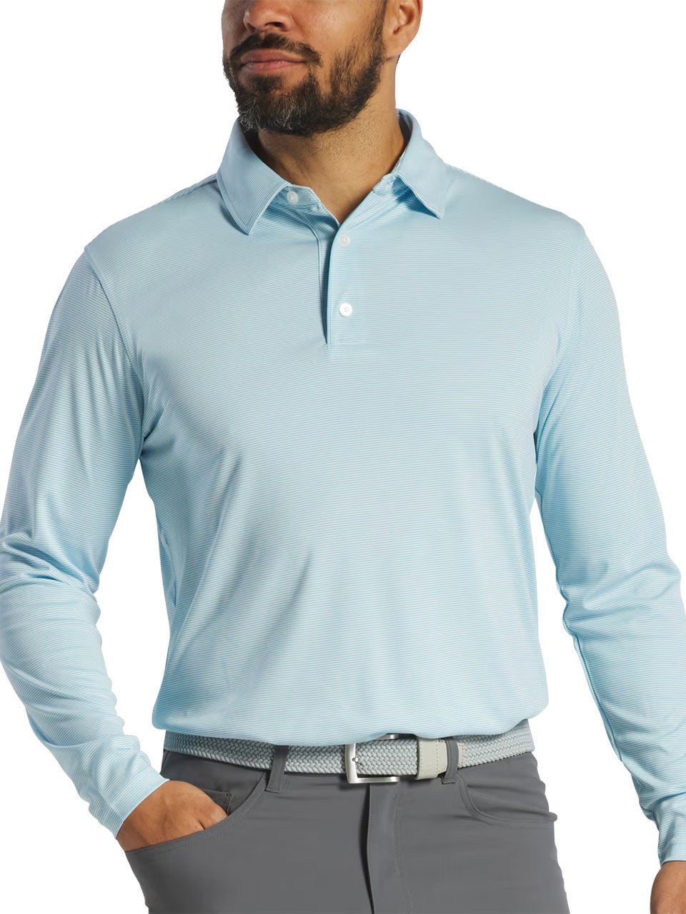 FootJoy Performance Long Sleeve Stripe Collared Polo Shirt - Sky