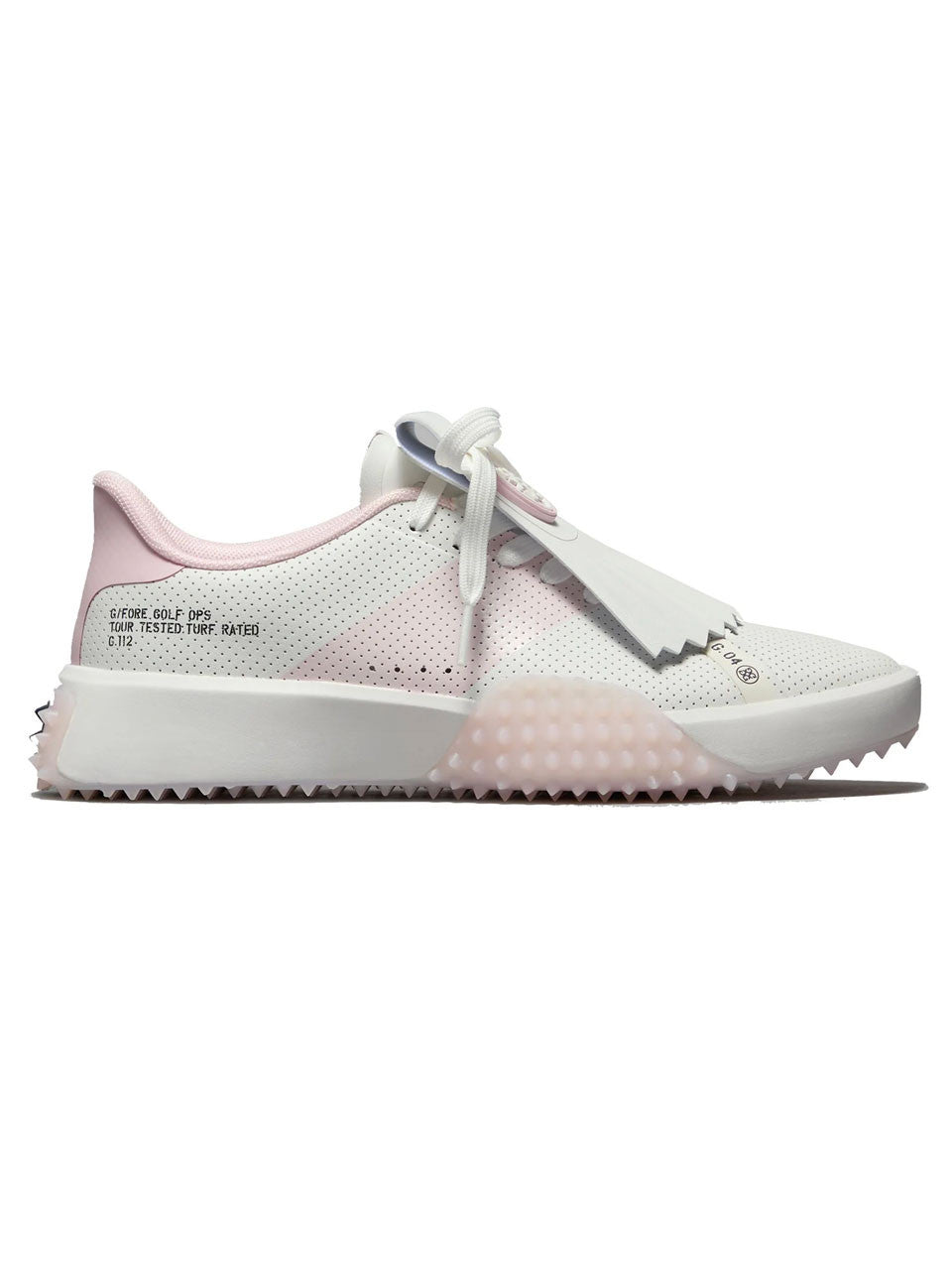 G/FORE Womens G.112 Perforated Saddle Stripe Kiltie Golf Shoes - Snow/Blush