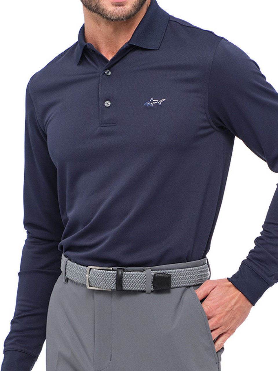 Greg Norman Long Sleeve Pique Shark Polo - Navy