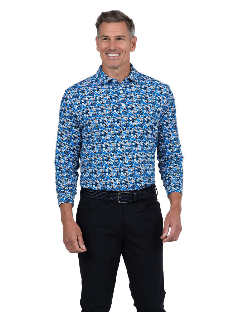 IBKUL Chaos Print Long Sleeve Polo - Royal/Black