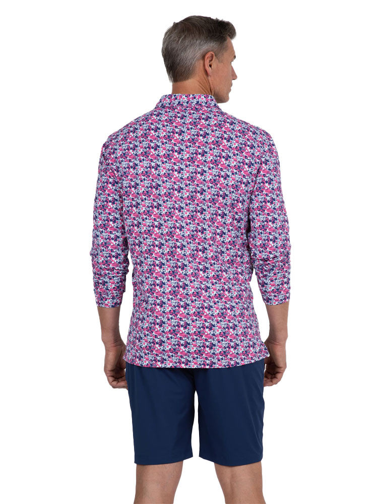 IBKUL Chaos Print Long Sleeve Polo - Watermelon/Ink