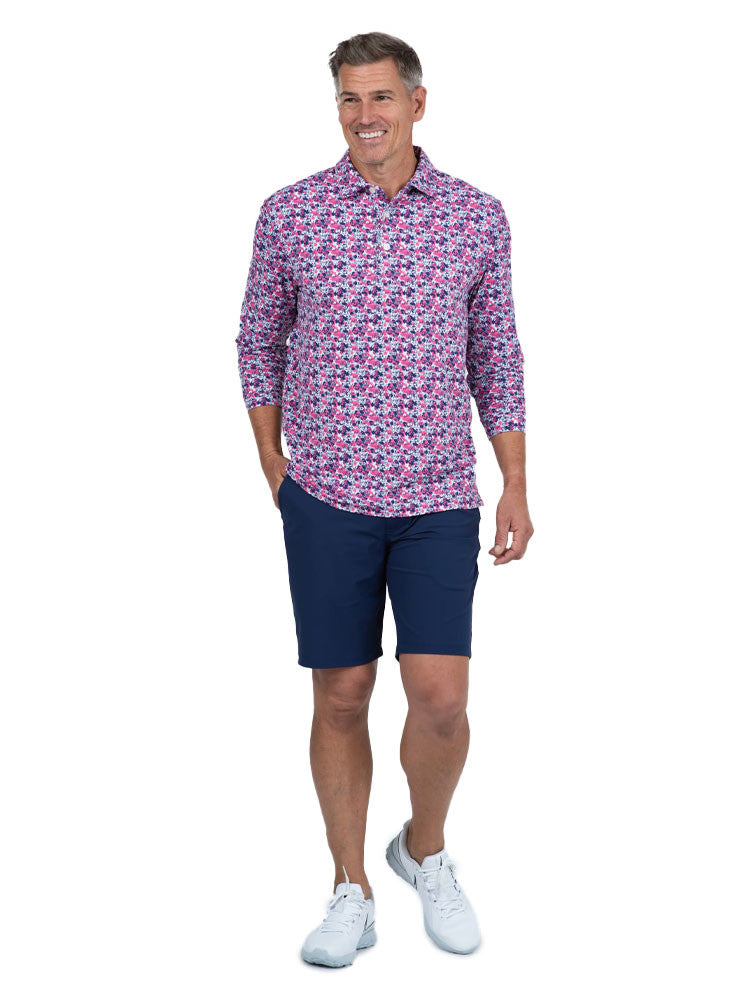 IBKUL Chaos Print Long Sleeve Polo - Watermelon/Ink