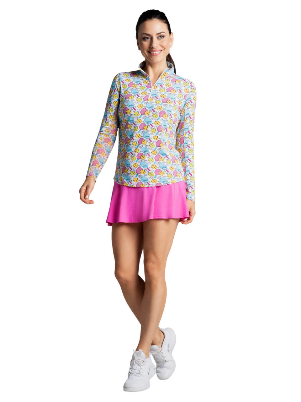 IBKUL Game On Print Long Sleeve Mock Neck Top - Raspberry/Turquoise