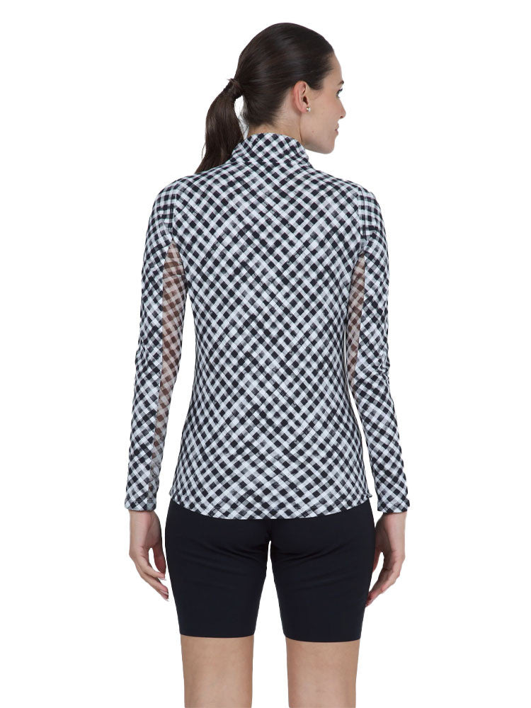 IBKUL Gingham Check Long Sleeve Mock Neck Top - Black/White