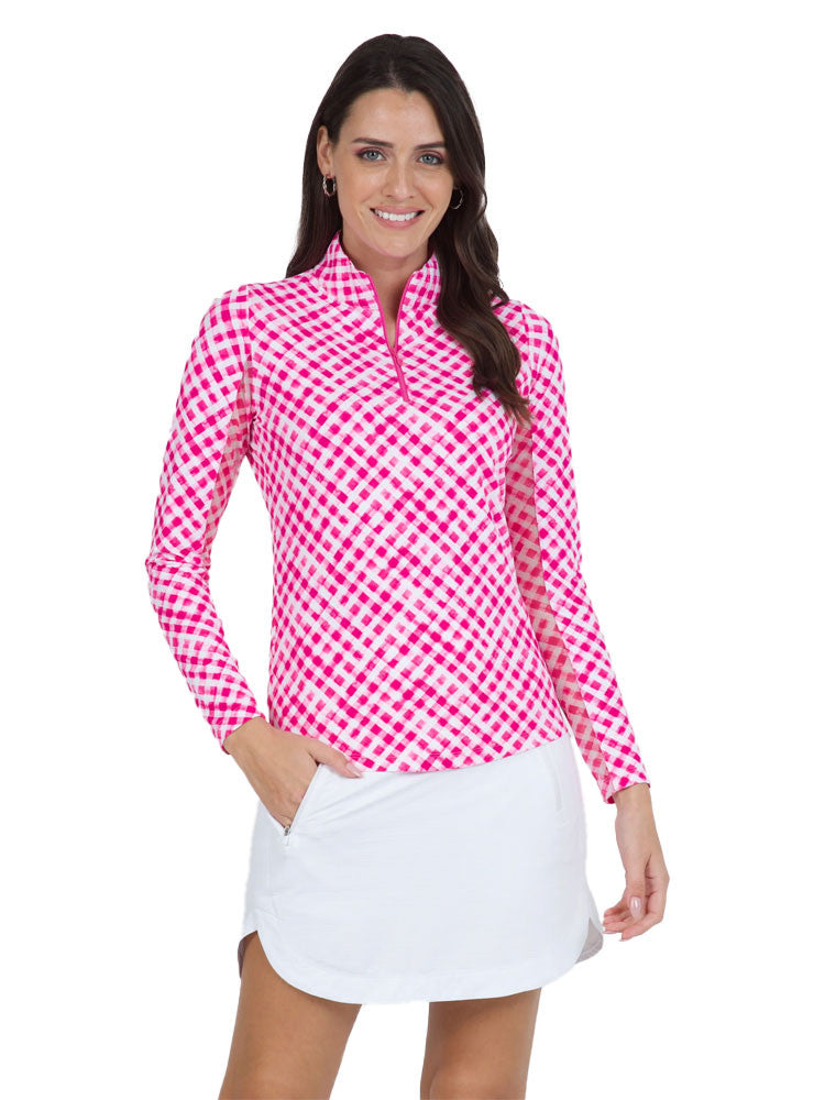 IBKUL Gingham Check Long Sleeve Mock Neck Top - Hot Pink/White