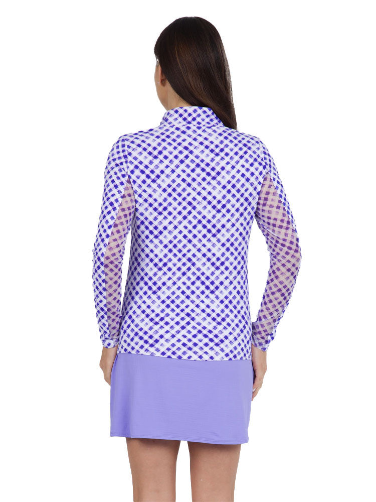 IBKUL Gingham Check Long Sleeve Mock Neck Top - Lavender/White