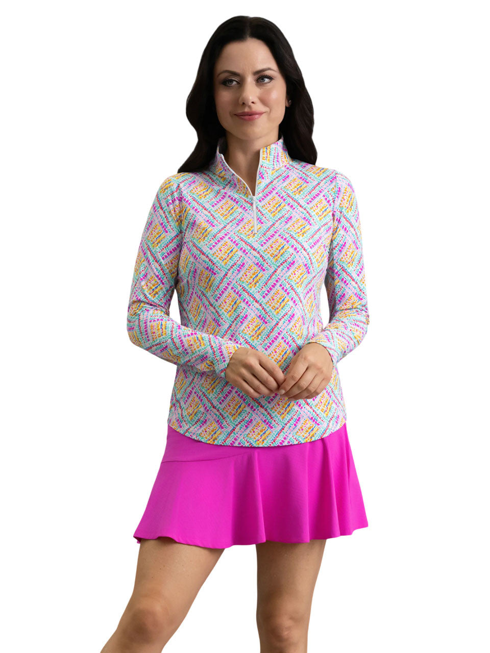 IBKUL Nina Long Sleeve Mock Neck Top - Hot Pink Multi