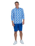 IBKUL Palm Leaf Print Long Sleeve Polo - White/Royal