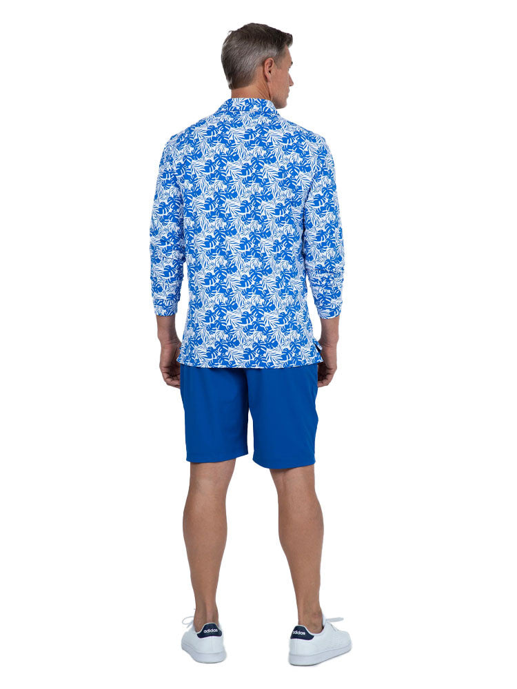 IBKUL Palm Leaf Print Long Sleeve Polo - White/Royal