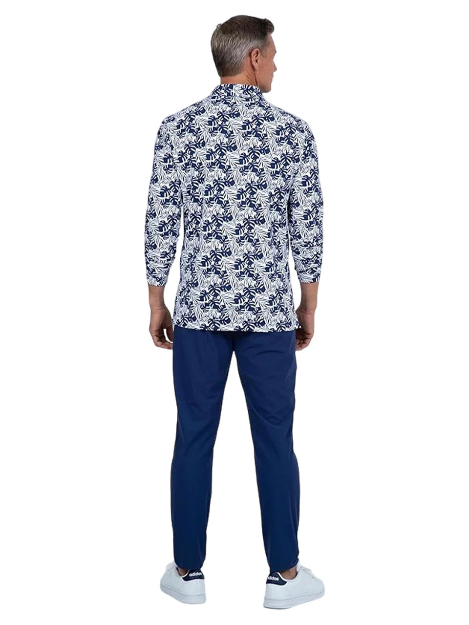 IBKUL Palm Leaf Print Long Sleeve Polo - White/Ink