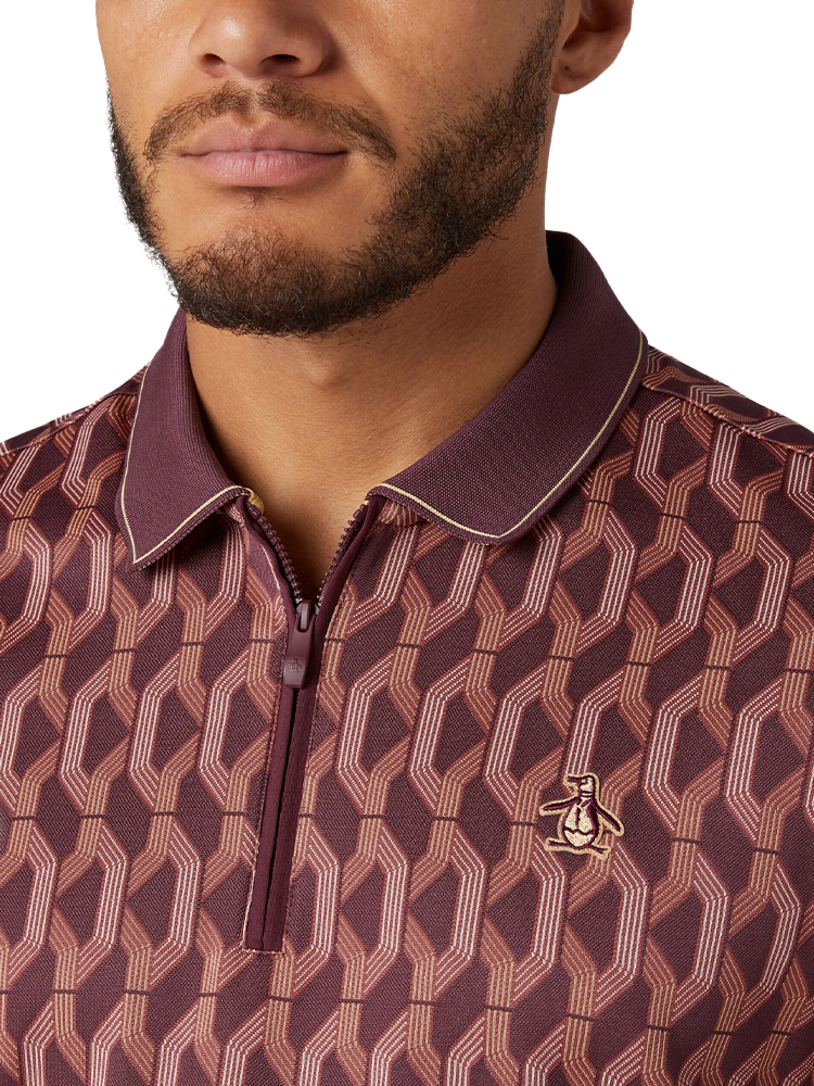 Original Penguin All Over YD Jacquard Colour Block Polo - Mauvu Wine
