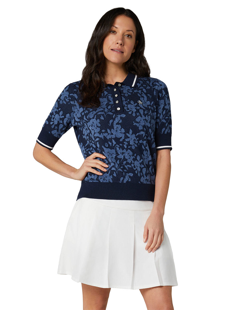Original Penguin Womens Branded Jacquard Floral Polo - Black Iris